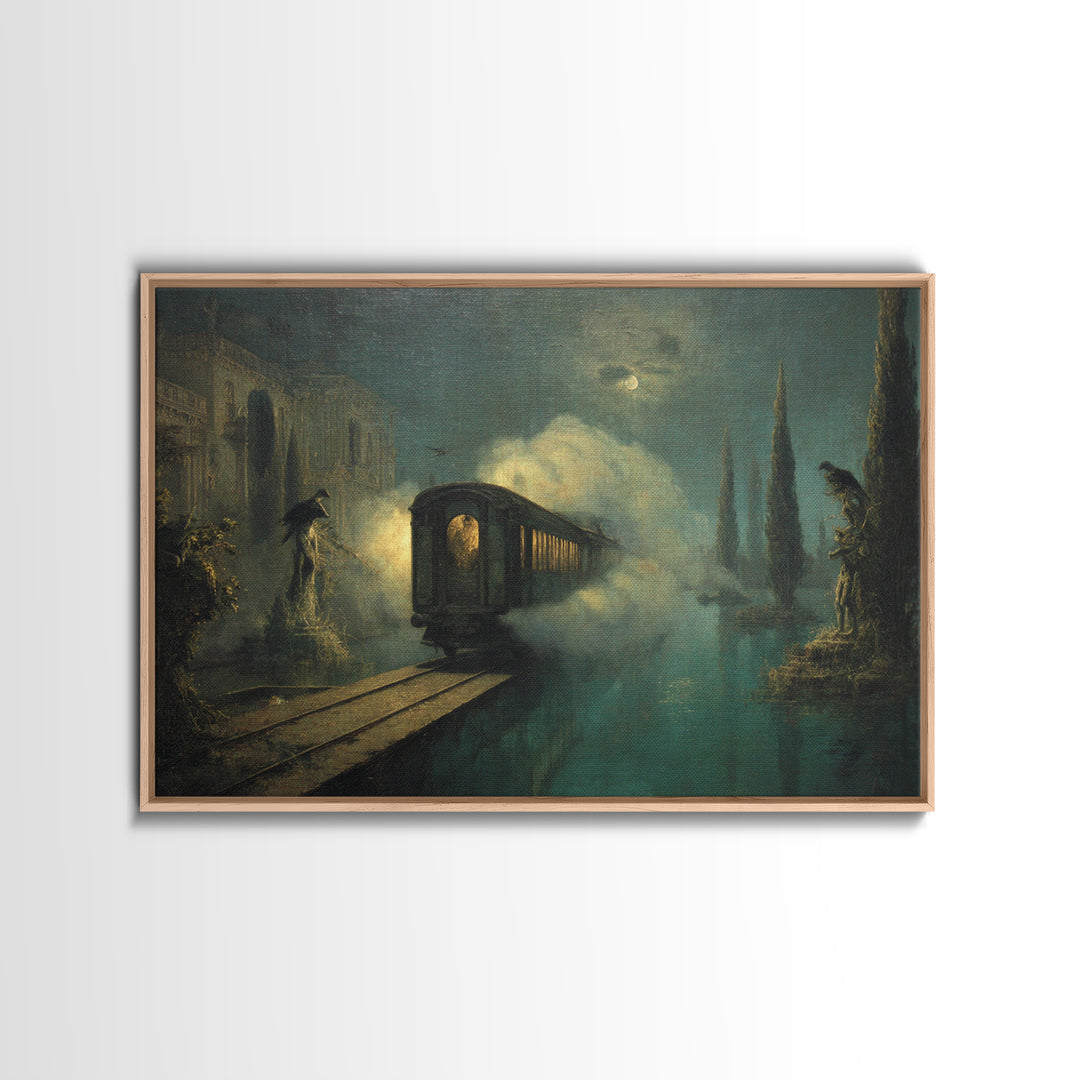 The Abandoned Train Station, Symbolist Gothic Landscape, Landscape Wall Art, Dark Halloween Decor, Framed Canvas Print, Halloween Wall Art