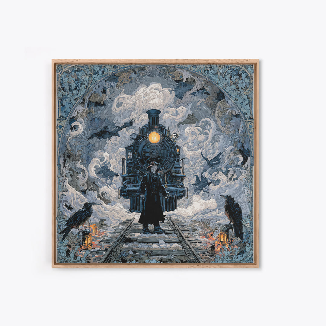 The Abandoned Train Station, Symbolist Etching Art, Square Wall Art, Macabre Wall Art, Framed Canvas Print, Halloween Wall Art