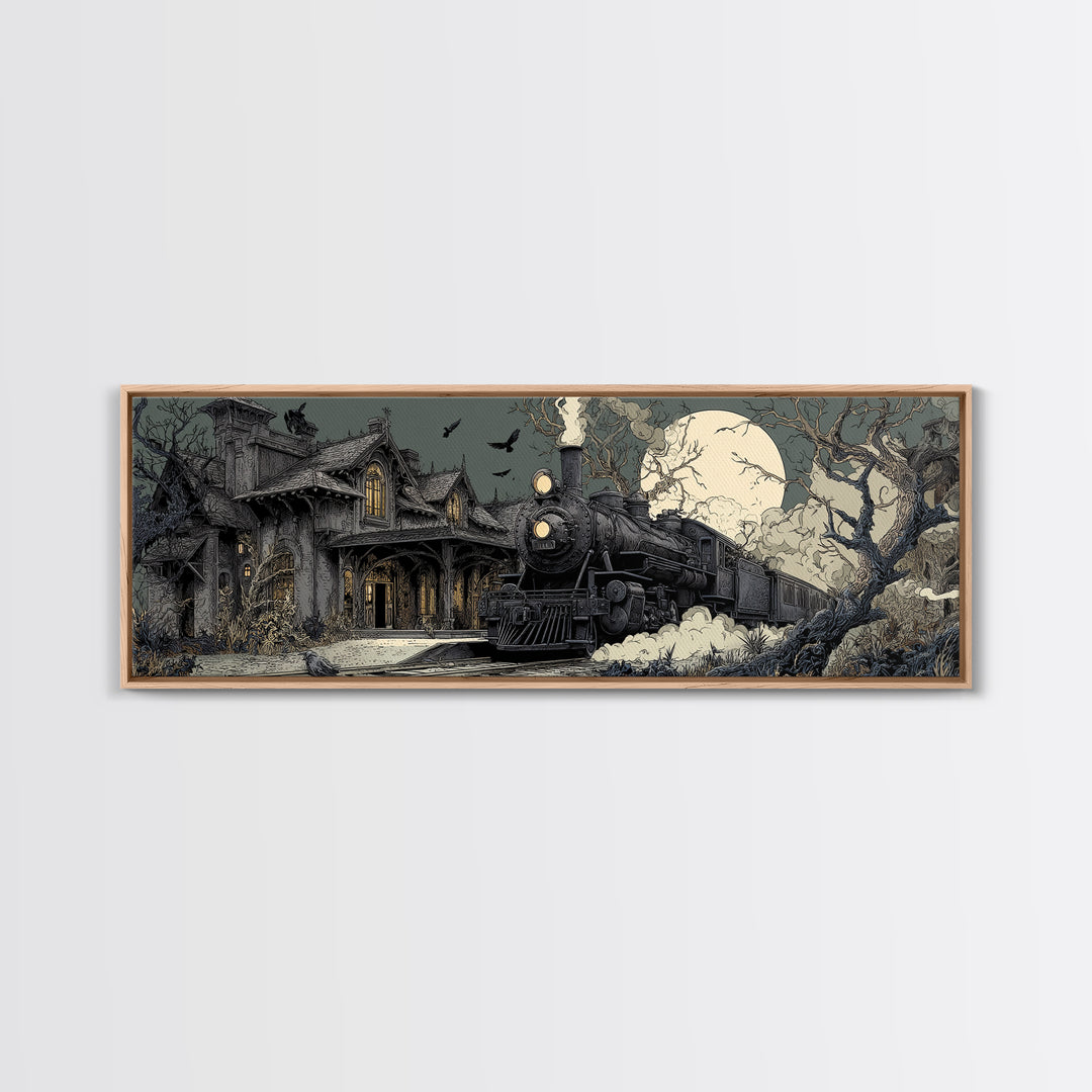 The Abandoned Train Station, Victorian Macabre Art, Extra Wide Wall Art, Dark Halloween Decor, Framed Canvas Print, Halloween Wall Art