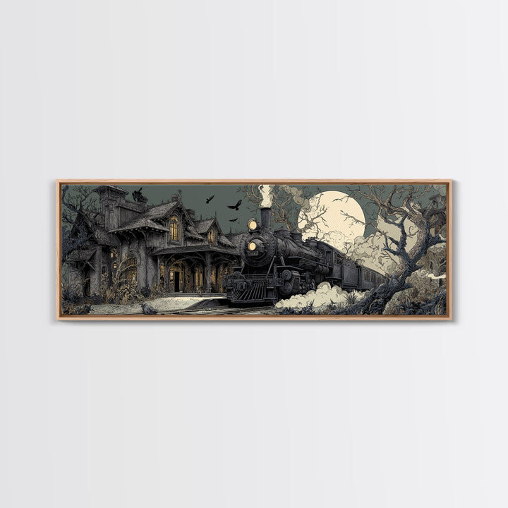 The Abandoned Train Station, Victorian Macabre Art, Extra Wide Wall Art, Dark Halloween Decor, Framed Canvas Print, Halloween Wall Art