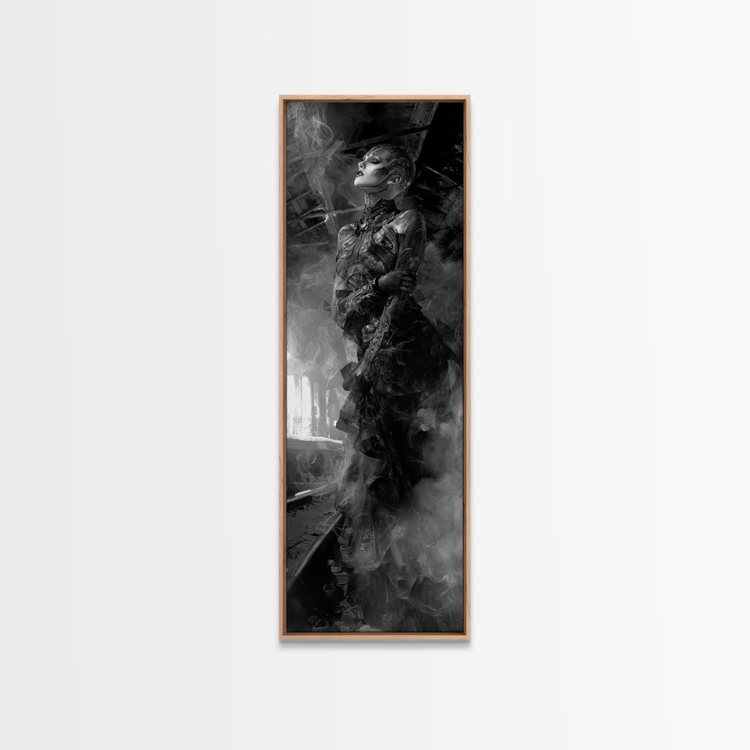 The Abandoned Train Station, Biomechanical Horror Art, Tall Narrow Wall Art, Macabre Wall Art, Framed Canvas Print, Halloween Wall Art
