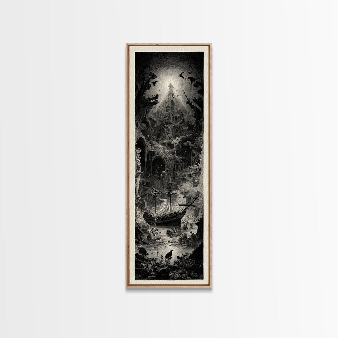The Shipwreck Cove, Gothic Engraving Art, Tall Narrow Wall Art, Dark Fantasy Wall Art, Canvas Print, Halloween Wall Art