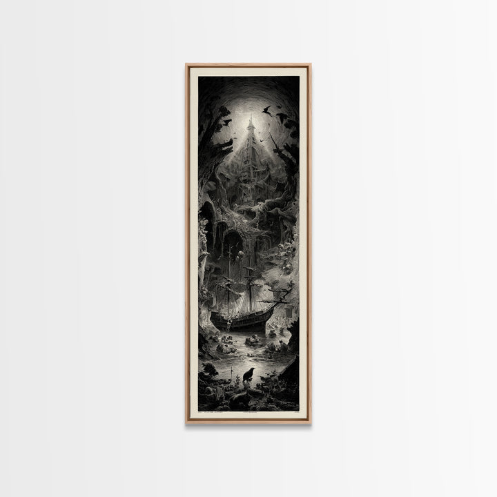 The Shipwreck Cove, Gothic Engraving Art, Tall Narrow Wall Art, Dark Fantasy Wall Art, Canvas Print, Halloween Wall Art