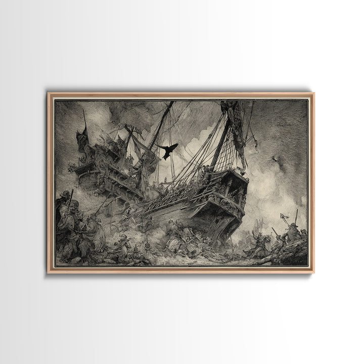 The Shipwreck Cove, Renaissance Engraving Art, Landscape Wall Art, Dark Halloween Decor, Canvas Print, Halloween Wall Art
