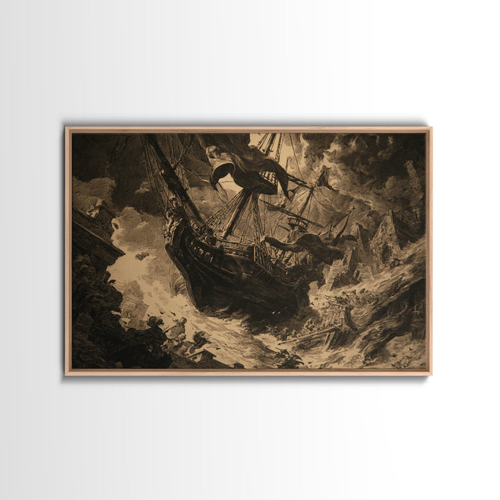 The Shipwreck Cove, Architectural Etching Art, Landscape Wall Art, Dark Halloween Decor, Framed Canvas Print, Macabre Wall Art