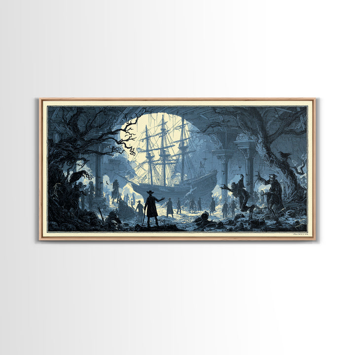 The Shipwreck Cove, Macabre Folk Print Art, Wide Panoramic Art, Macabre Wall Art, Framed Canvas Print, Halloween Wall Art