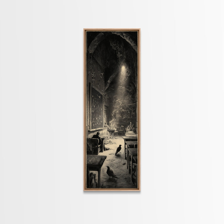 The Silent Schoolhouse, Gothic Engraving Art, Tall Narrow Wall Art, Gothic Horror Wall Art, Framed Canvas Print, Halloween Wall Art