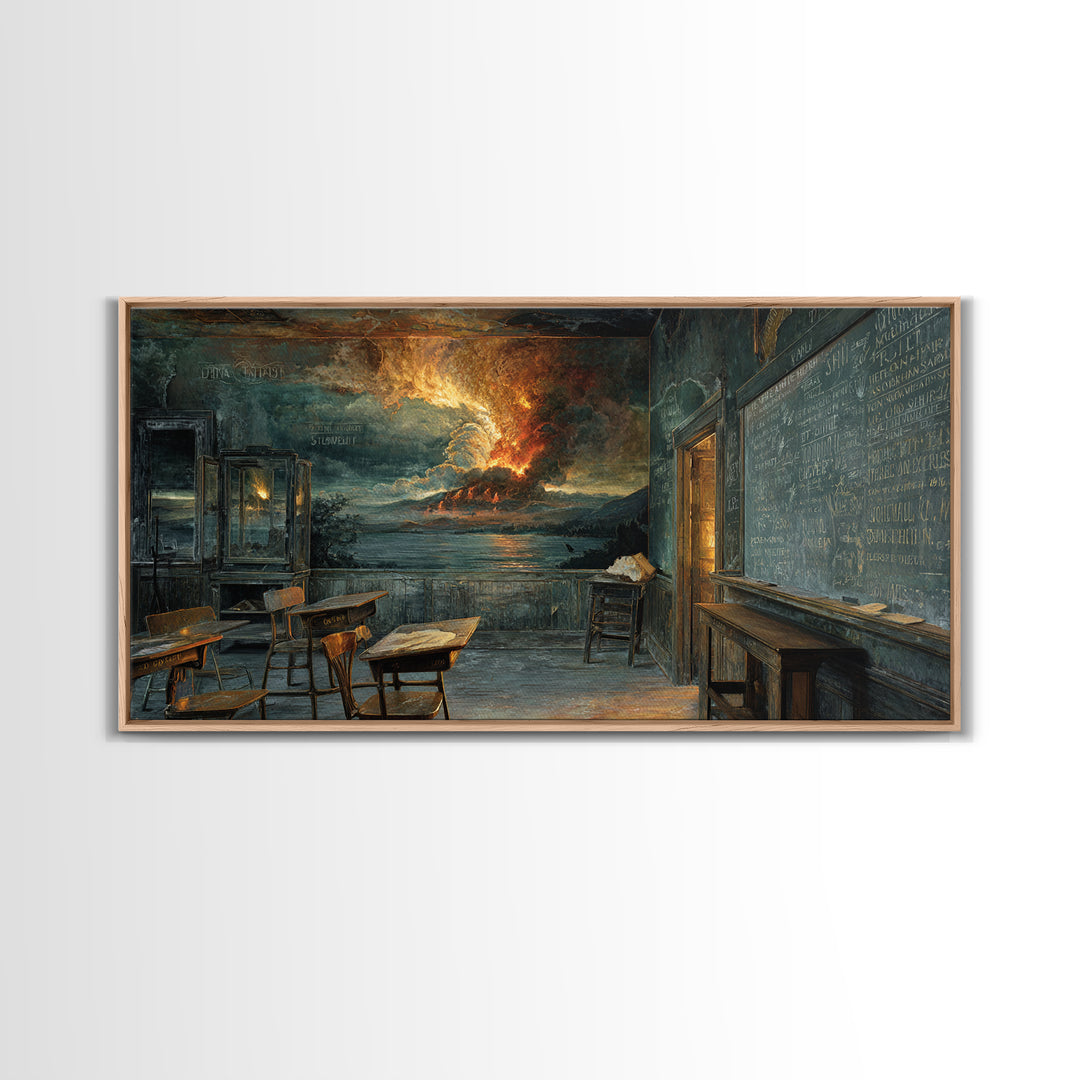 The Silent Schoolhouse, Apocalyptic Romantic Art, Wide Panoramic Art, Dark Halloween Decor, Framed Canvas Print, Halloween Wall Art