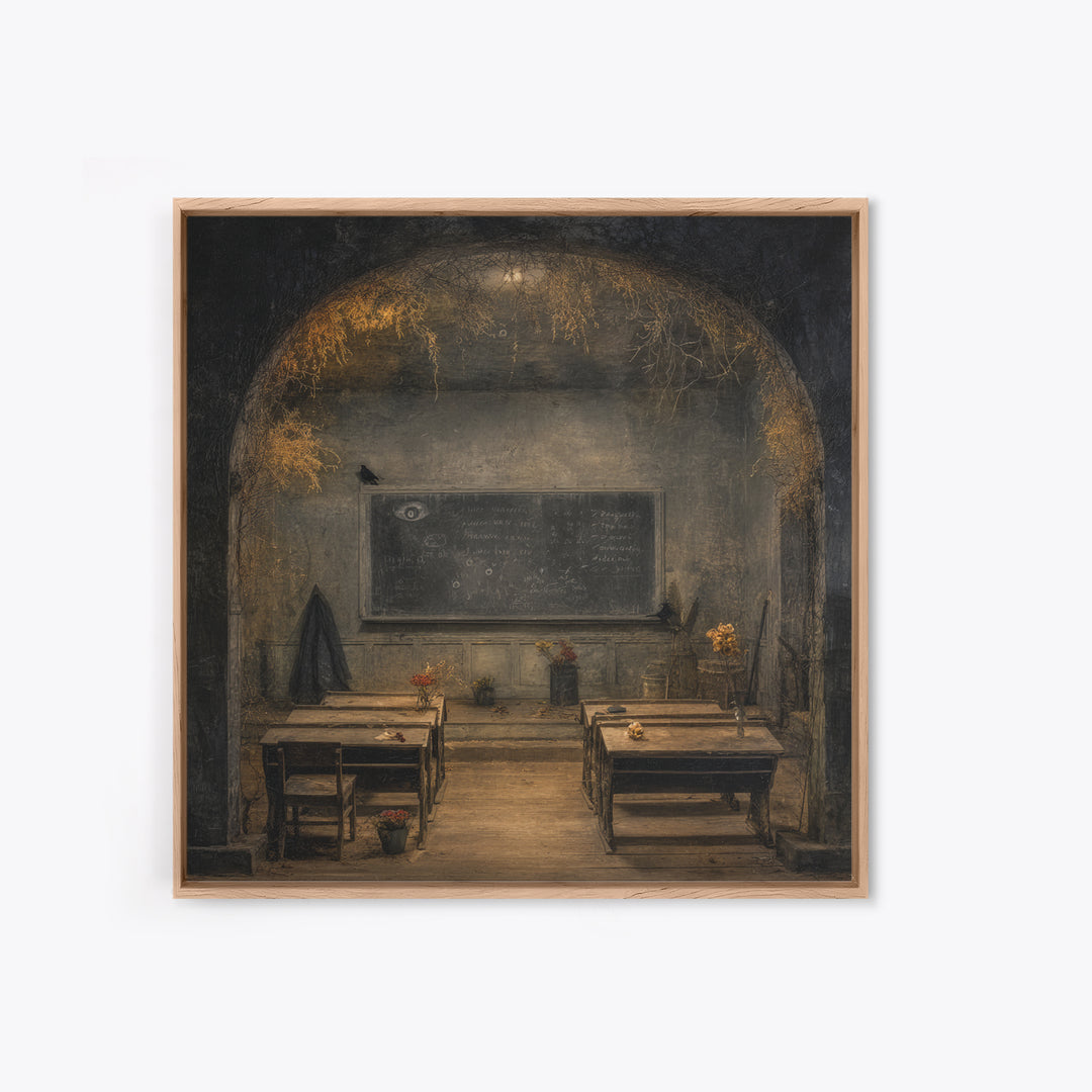 The Silent Schoolhouse, Symbolist Dream Art, Square Wall Art, Dark Halloween Decor, Framed Canvas Print, Halloween Wall Art