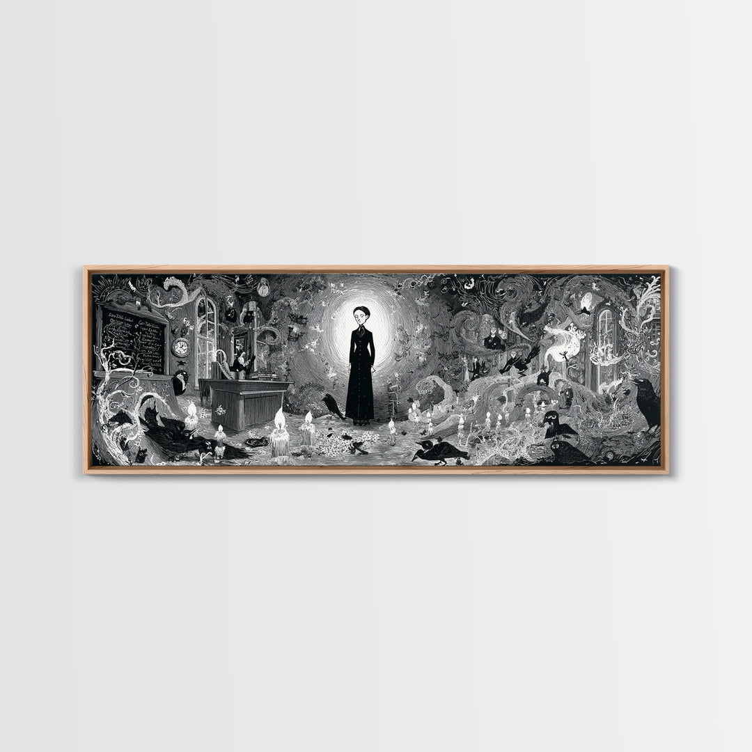 The Silent Schoolhouse, Decadent Line Art, Extra Wide Wall Art, Macabre Wall Art, Canvas Print, Halloween Wall Art