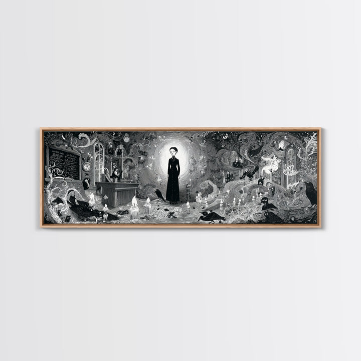 The Silent Schoolhouse, Decadent Line Art, Extra Wide Wall Art, Macabre Wall Art, Canvas Print, Halloween Wall Art