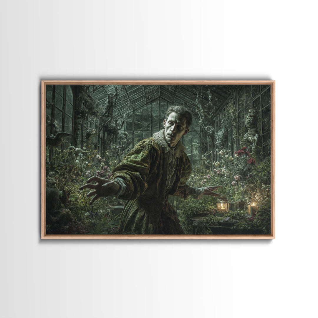 The Cemetery Greenhouse, Medieval Grotesque Art, Landscape Wall Art, Macabre Wall Art, Framed Canvas Print, Halloween Wall Art