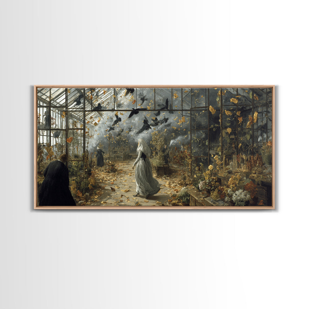 The Cemetery Greenhouse, Northern Renaissance Horror, Wide Panoramic Art, Dark Halloween Decor, Framed Canvas Print
