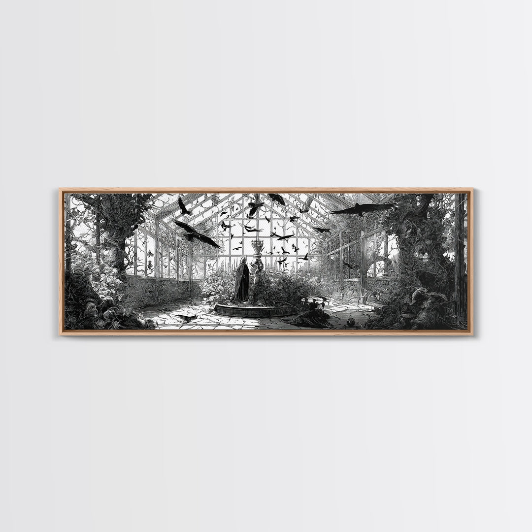 The Cemetery Greenhouse, Renaissance Engraving Art, Extra Wide Wall Art, Dark Fantasy Wall Art, Canvas Print, Halloween Wall Art