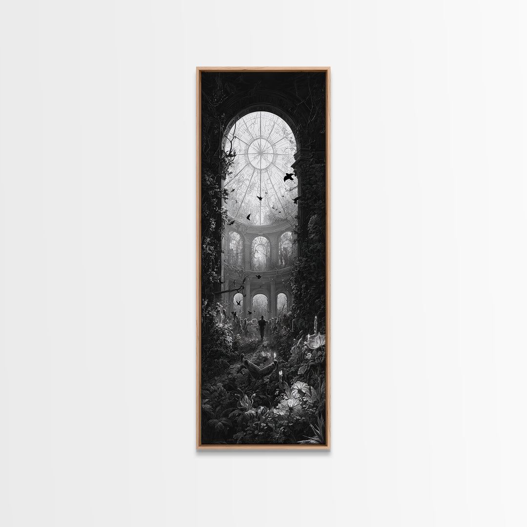 The Cemetery Greenhouse, Architectural Etching Art, Tall Narrow Wall Art, Dark Halloween Decor, Framed Canvas Print