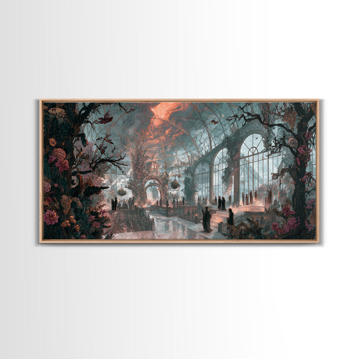 The Cemetery Greenhouse, Apocalyptic Romantic Art, Wide Panoramic Art, Macabre Wall Art, Canvas Print, Halloween Wall Art