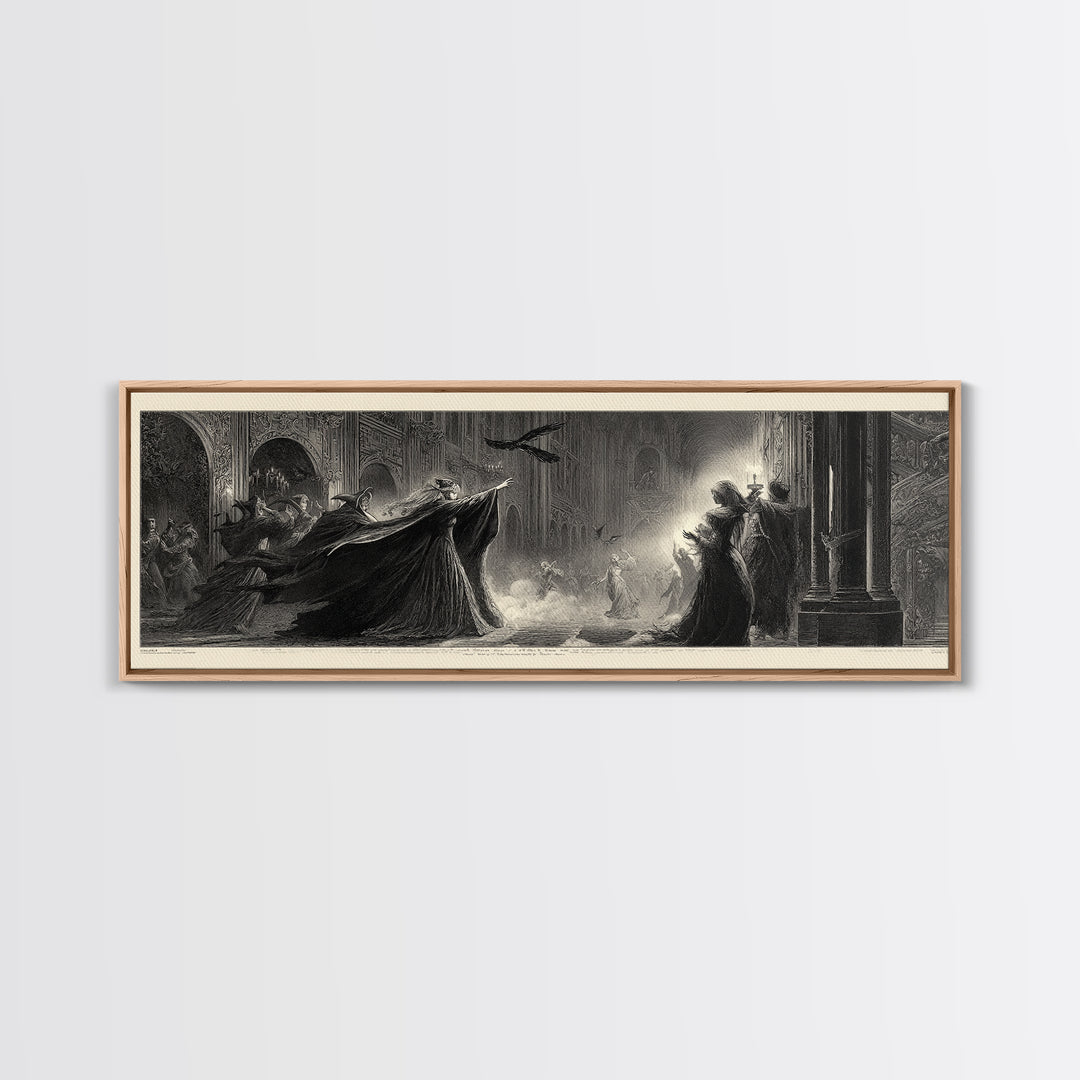 The Midnight Masquerade, Gothic Engraving Art, Extra Wide Wall Art, Dark Fantasy Wall Art, Canvas Print, Halloween Wall Art