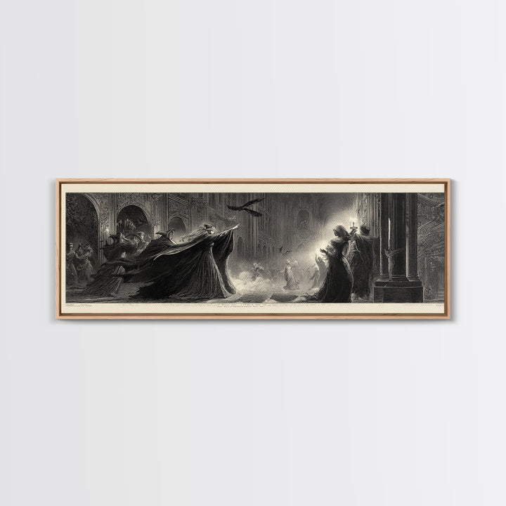 The Midnight Masquerade, Gothic Engraving Art, Extra Wide Wall Art, Dark Fantasy Wall Art, Canvas Print, Halloween Wall Art