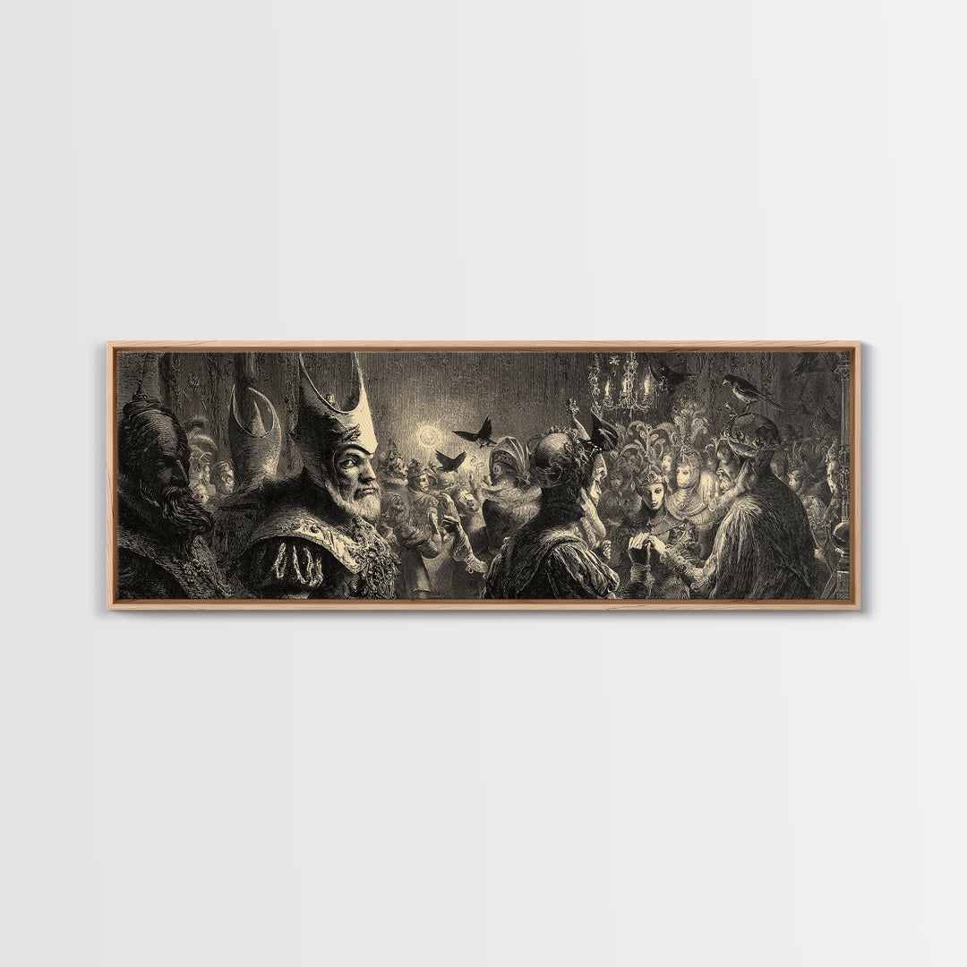 The Midnight Masquerade, Renaissance Engraving Art, Extra Wide Wall Art, Dark Fantasy Wall Art, Framed Canvas Print, Halloween Wall Art