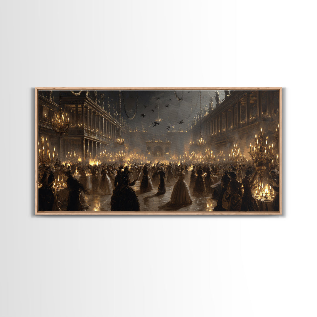 The Midnight Masquerade, Architectural Etching Art, Wide Panoramic Art, Macabre Wall Art, Canvas Print, Halloween Wall Art
