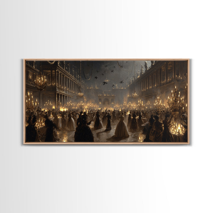 The Midnight Masquerade, Architectural Etching Art, Wide Panoramic Art, Macabre Wall Art, Canvas Print, Halloween Wall Art