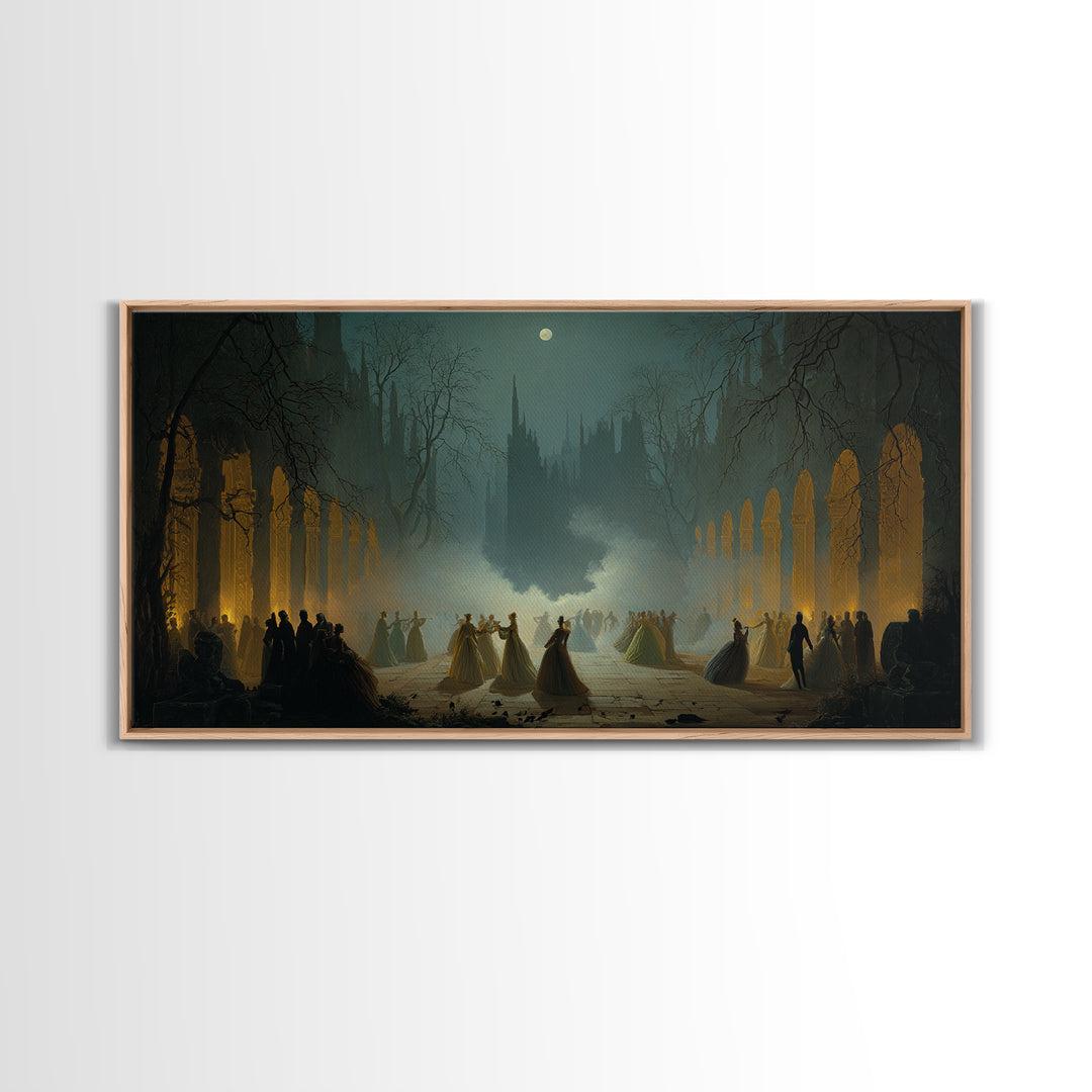The Midnight Masquerade, Romantic Gothic Landscape, Wide Panoramic Art, Dark Fantasy Wall Art, Canvas Print, Halloween Wall Art