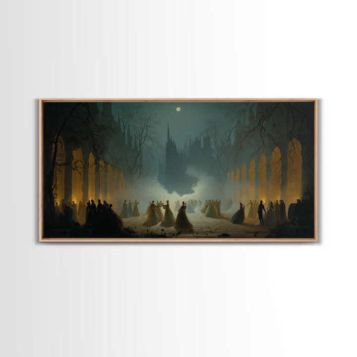 The Midnight Masquerade, Romantic Gothic Landscape, Wide Panoramic Art, Dark Fantasy Wall Art, Canvas Print, Halloween Wall Art