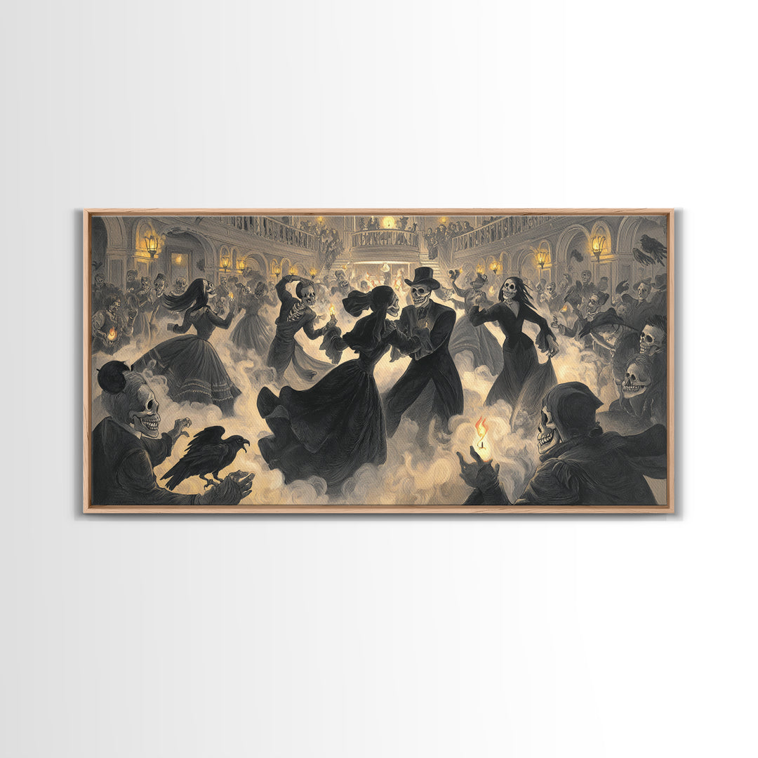 The Midnight Masquerade, Macabre Folk Print Art, Wide Panoramic Art, Gothic Horror Wall Art, Framed Canvas Print