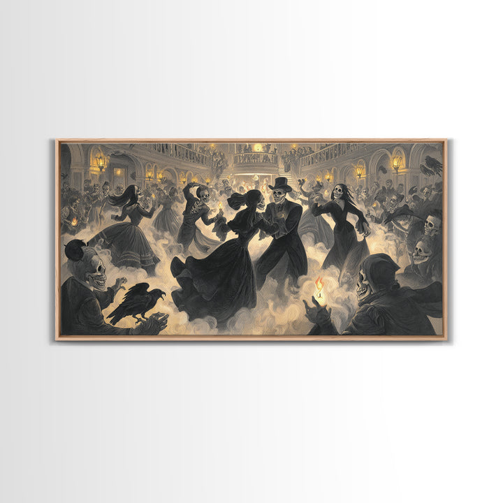 The Midnight Masquerade, Macabre Folk Print Art, Wide Panoramic Art, Gothic Horror Wall Art, Framed Canvas Print