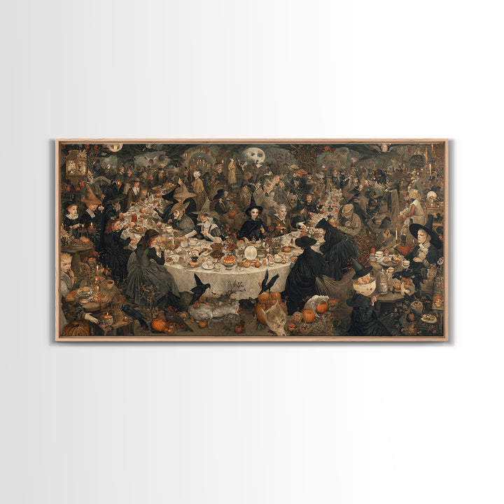 The Witches' Tea Party, Northern Renaissance Horror, Wide Panoramic Art, Gothic Horror Wall Art, Framed Canvas Print