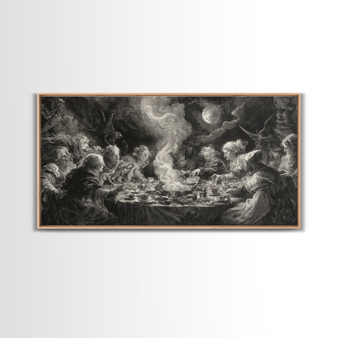 The Witches' Tea Party, Baroque Witchcraft Art, Wide Panoramic Art, Dark Halloween Decor, Canvas Print, Halloween Wall Art