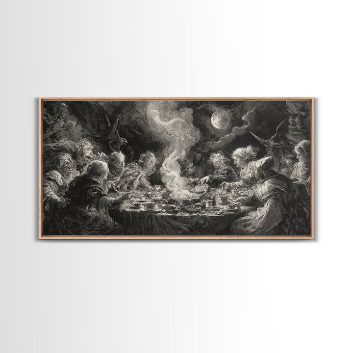 The Witches' Tea Party, Baroque Witchcraft Art, Wide Panoramic Art, Dark Halloween Decor, Canvas Print, Halloween Wall Art