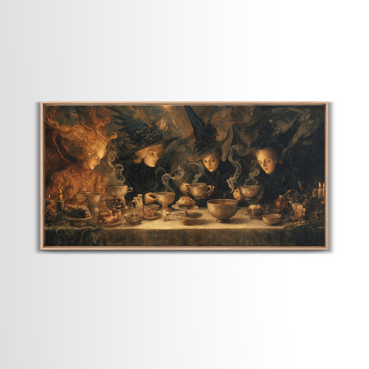 The Witches' Tea Party, Visionary Gothic Art, Wide Panoramic Art, Macabre Wall Art, Framed Canvas Print, Halloween Wall Art