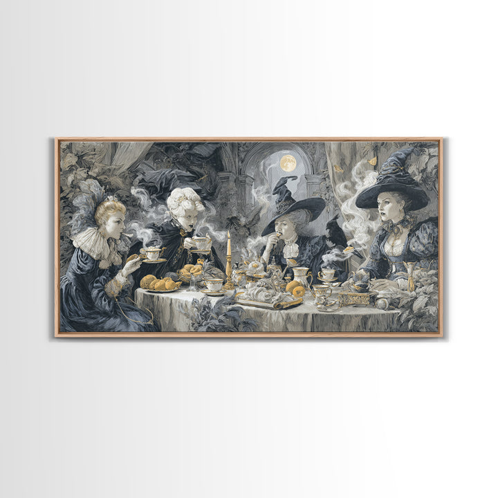 The Witches' Tea Party, Architectural Etching Art, Wide Panoramic Art, Dark Halloween Decor, Canvas Print, Halloween Wall Art