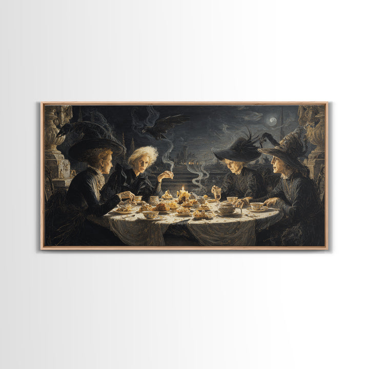 The Witches' Tea Party, Romantic Gothic Landscape, Wide Panoramic Art, Dark Fantasy Wall Art, Framed Canvas Print