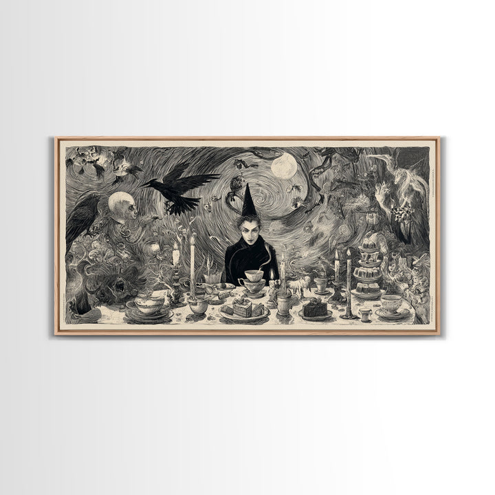 The Witches' Tea Party, Expressionist Nightmare Art, Wide Panoramic Art, Dark Fantasy Wall Art, Canvas Print, Halloween Wall Art