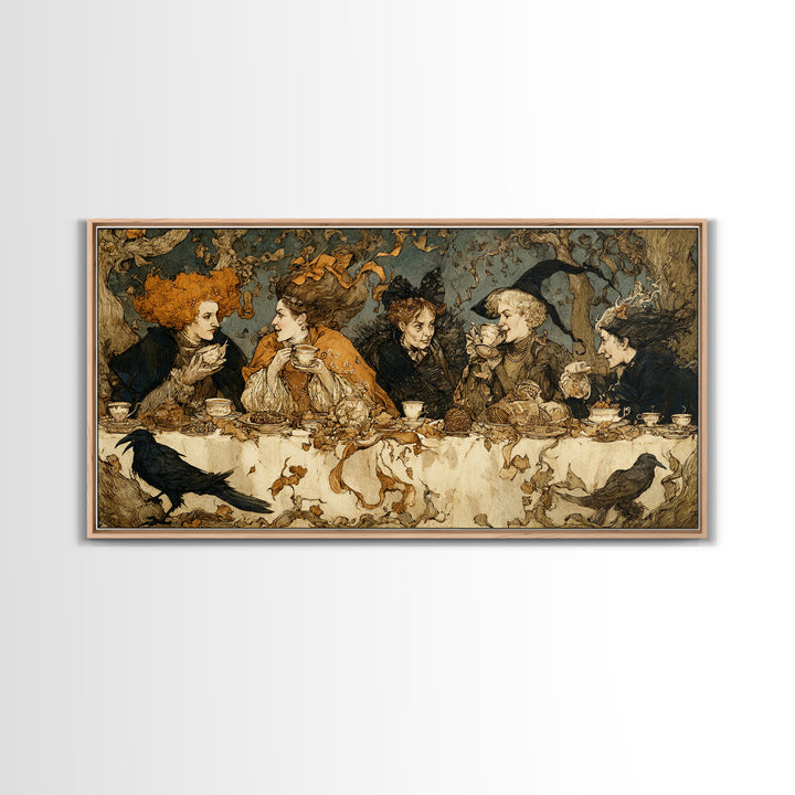 The Witches' Tea Party, Gothic Storybook Art, Wide Panoramic Art, Dark Halloween Decor, Framed Canvas Print, Halloween Wall Art