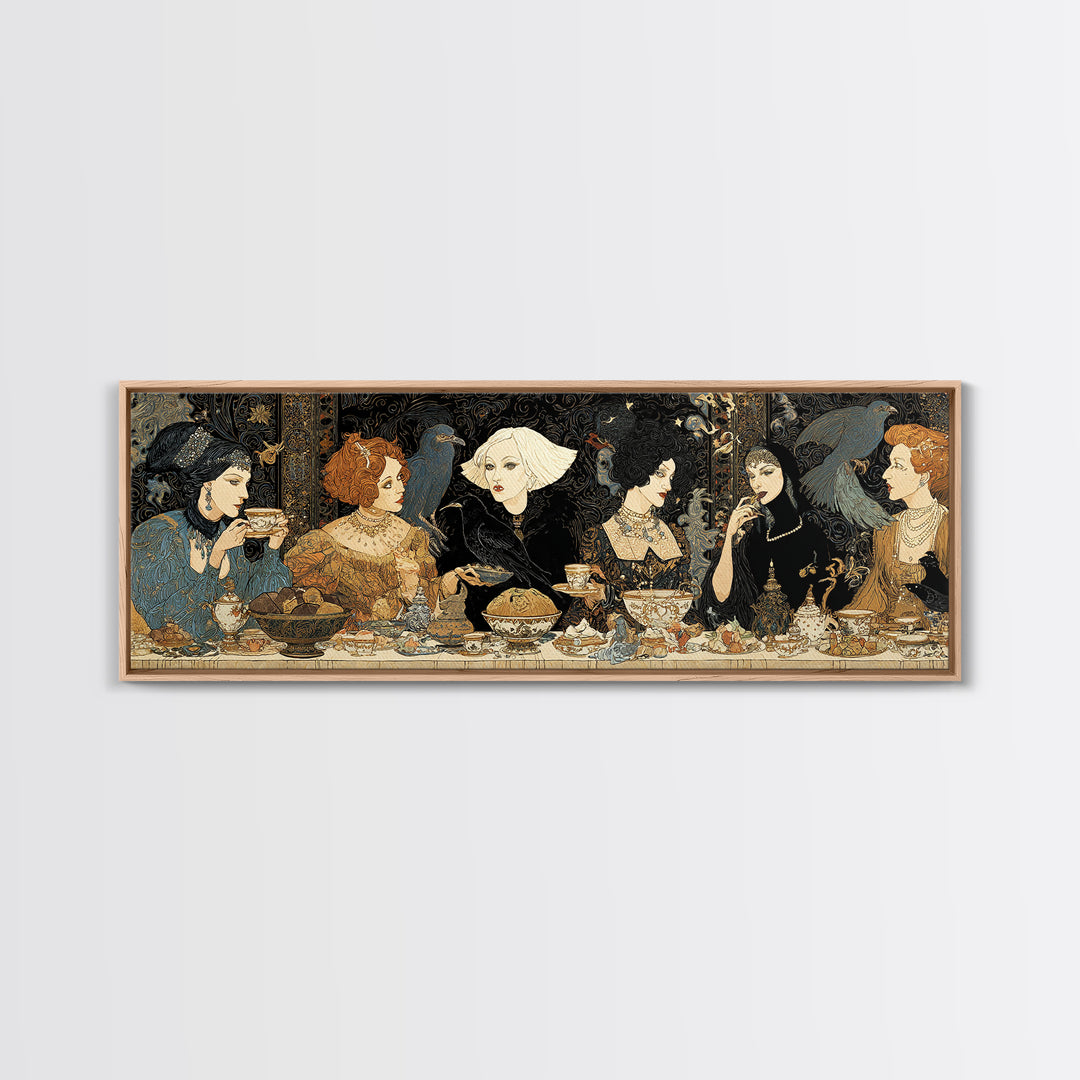 The Witches' Tea Party, Stained Glass Gothic Art, Extra Wide Wall Art, Dark Fantasy Wall Art, Framed Canvas Print, Halloween Wall Art