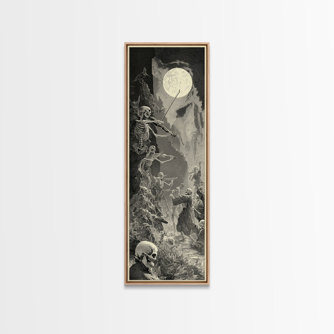 The Skeleton Orchestra, Gothic Engraving Art, Tall Narrow Wall Art, Dark Halloween Decor, Canvas Print, Halloween Wall Art