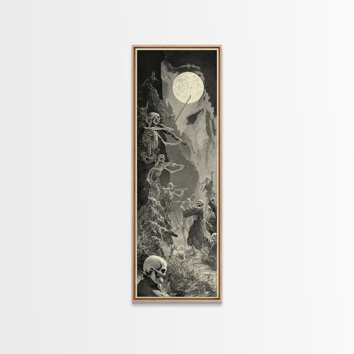 The Skeleton Orchestra, Gothic Engraving Art, Tall Narrow Wall Art, Dark Halloween Decor, Canvas Print, Halloween Wall Art