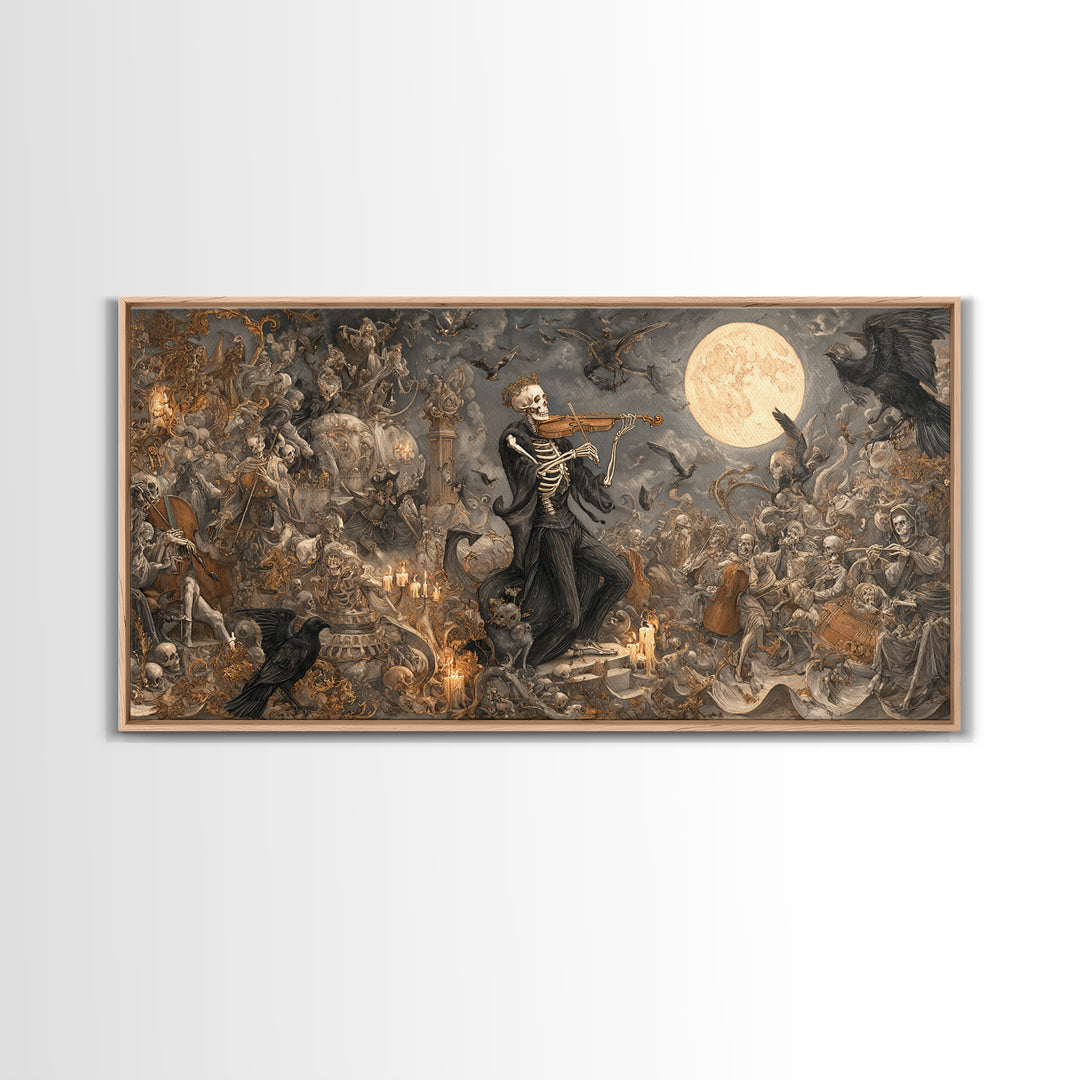 The Skeleton Orchestra, Medieval Grotesque Art, Wide Panoramic Art, Macabre Wall Art, Canvas Print, Halloween Wall Art