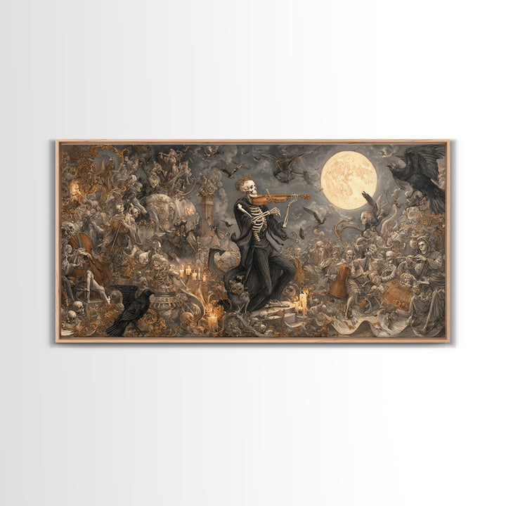 The Skeleton Orchestra, Medieval Grotesque Art, Wide Panoramic Art, Macabre Wall Art, Canvas Print, Halloween Wall Art