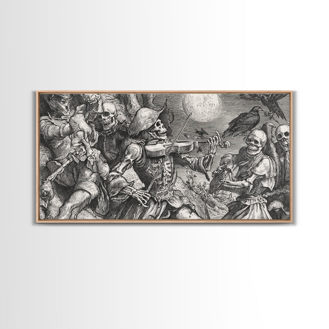 The Skeleton Orchestra, Renaissance Engraving Art, Wide Panoramic Art, Macabre Wall Art, Framed Canvas Print, Halloween Wall Art