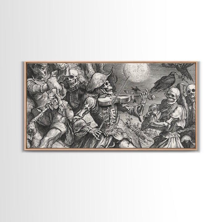 The Skeleton Orchestra, Renaissance Engraving Art, Wide Panoramic Art, Macabre Wall Art, Framed Canvas Print, Halloween Wall Art