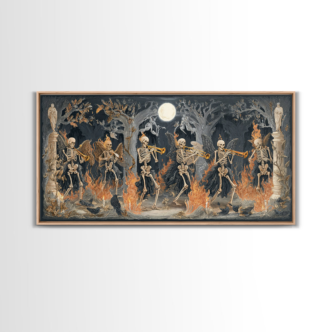 The Skeleton Orchestra, Visionary Gothic Art, Wide Panoramic Art, Dark Halloween Decor, Framed Canvas Print, Halloween Wall Art