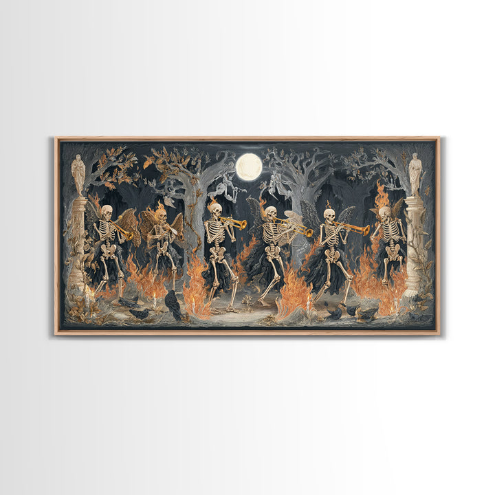 The Skeleton Orchestra, Visionary Gothic Art, Wide Panoramic Art, Dark Halloween Decor, Framed Canvas Print, Halloween Wall Art