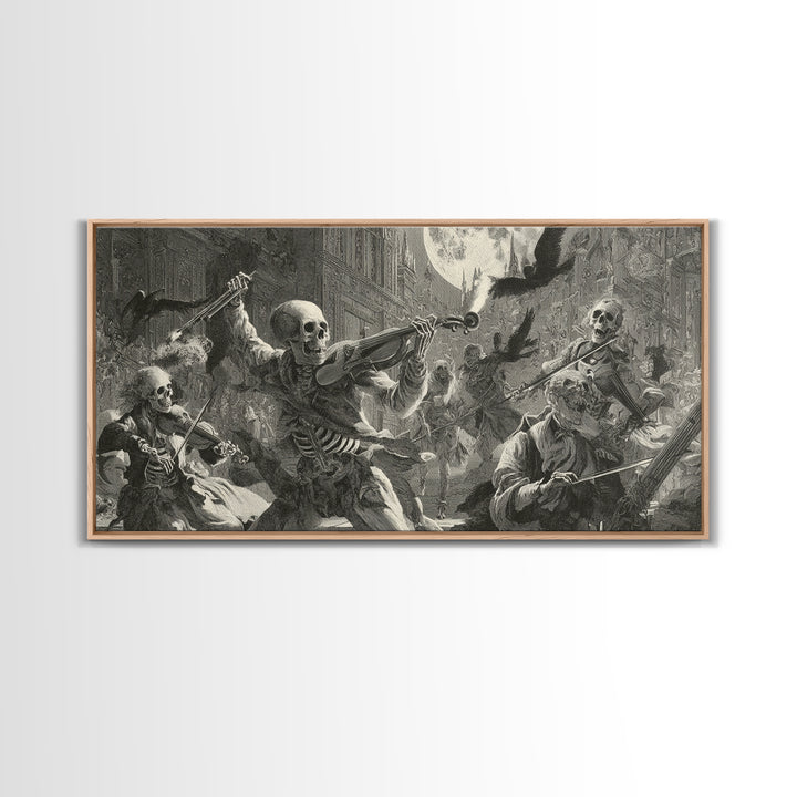 The Skeleton Orchestra, Architectural Etching Art, Wide Panoramic Art, Dark Halloween Decor, Framed Canvas Print