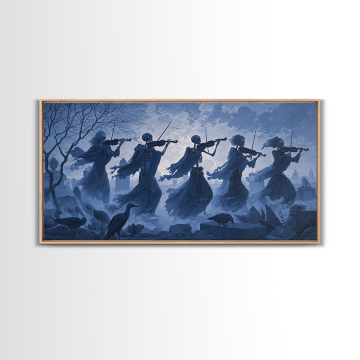 The Skeleton Orchestra, Romantic Gothic Landscape, Wide Panoramic Art, Dark Halloween Decor, Canvas Print, Halloween Wall Art