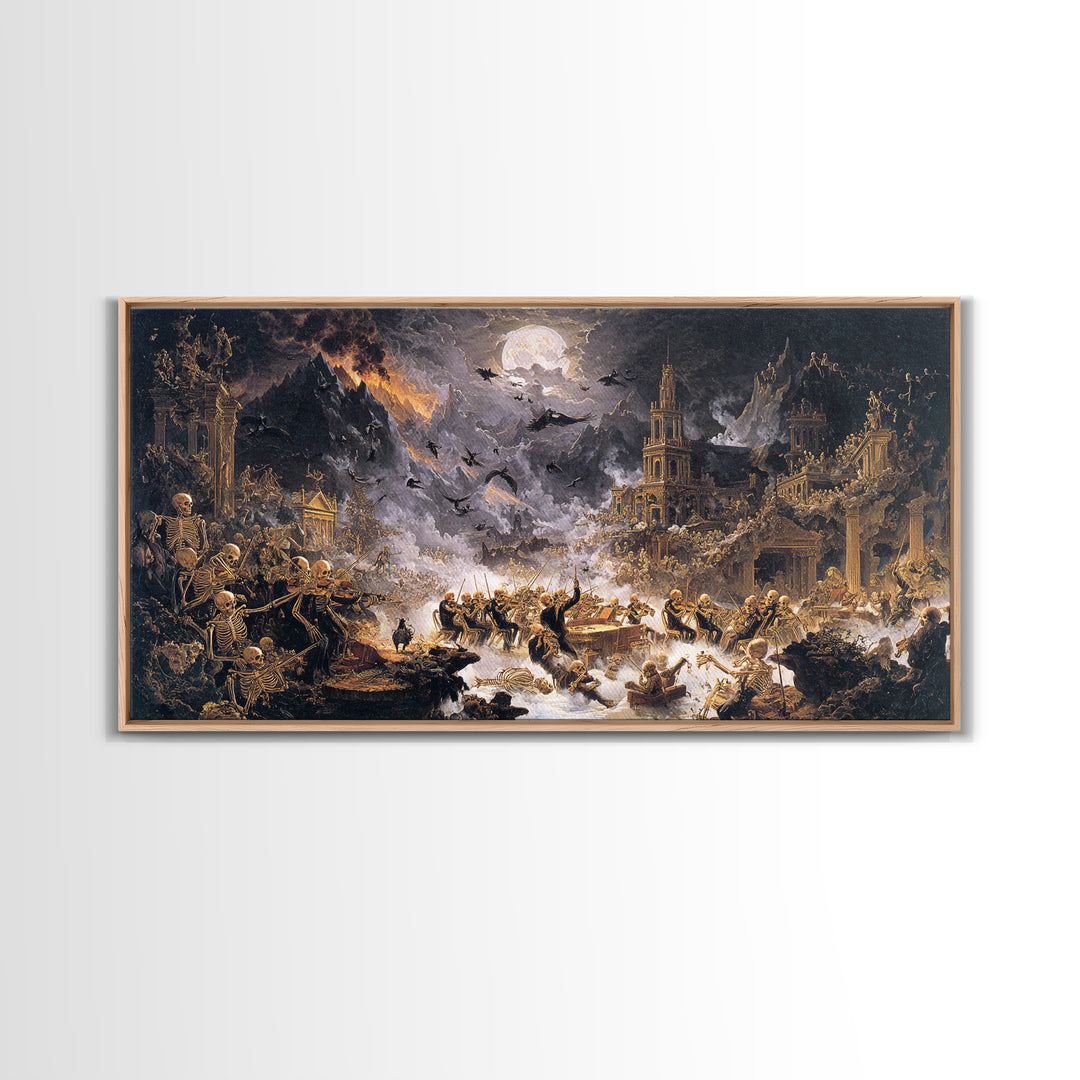 The Skeleton Orchestra, Apocalyptic Romantic Art, Wide Panoramic Art, Gothic Horror Wall Art, Framed Canvas Print, Halloween Wall Art
