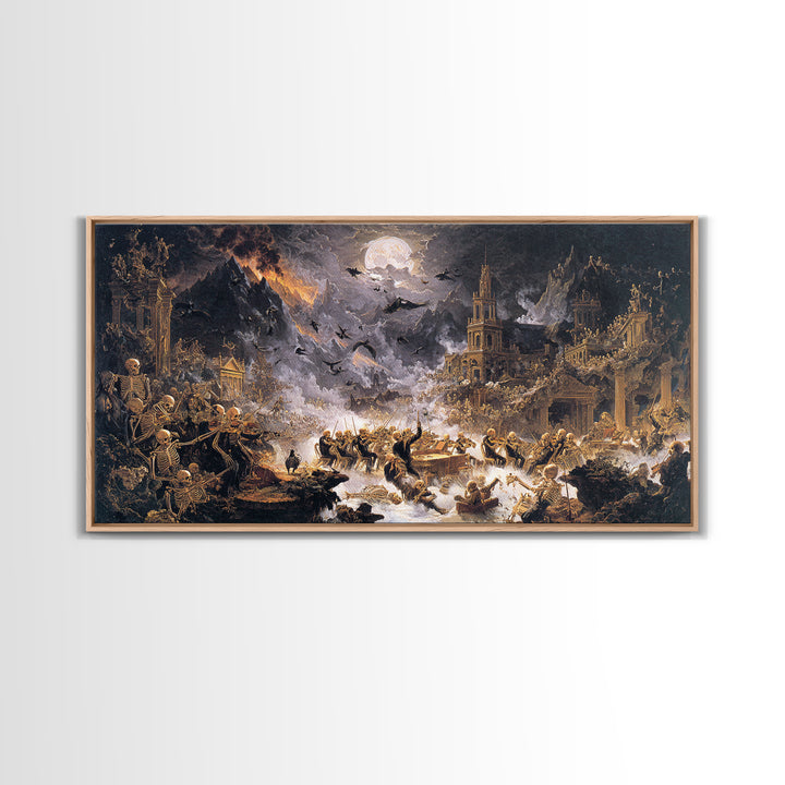 The Skeleton Orchestra, Apocalyptic Romantic Art, Wide Panoramic Art, Gothic Horror Wall Art, Framed Canvas Print, Halloween Wall Art